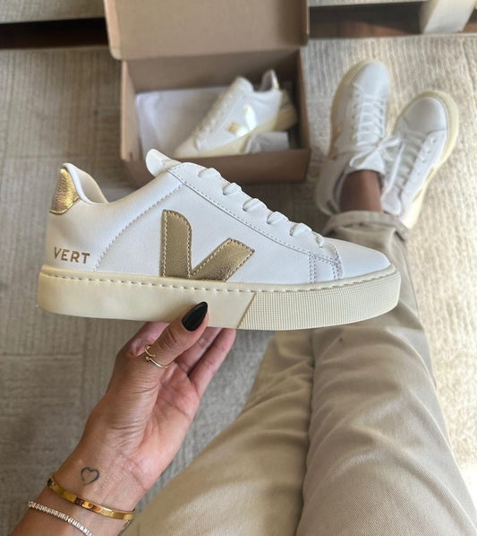 Tênis V Cadarço Branco Ouro Premium